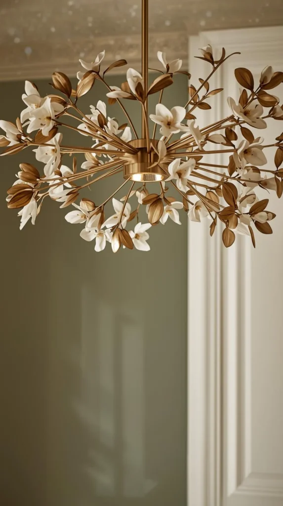 Un lustre floral avec des branches en laiton doré et de nombreuses petites fleurs blanches stylisées.