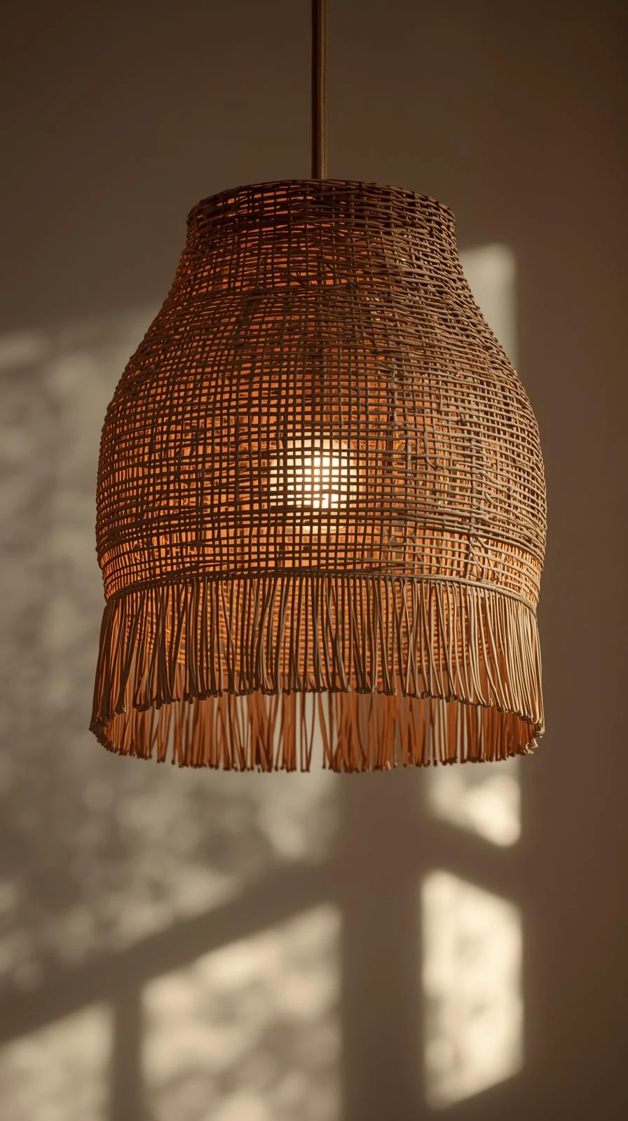 Un lustre en panier tressé de style bohème, avec une frange, diffusant une lumière chaude et projetant des ombres.