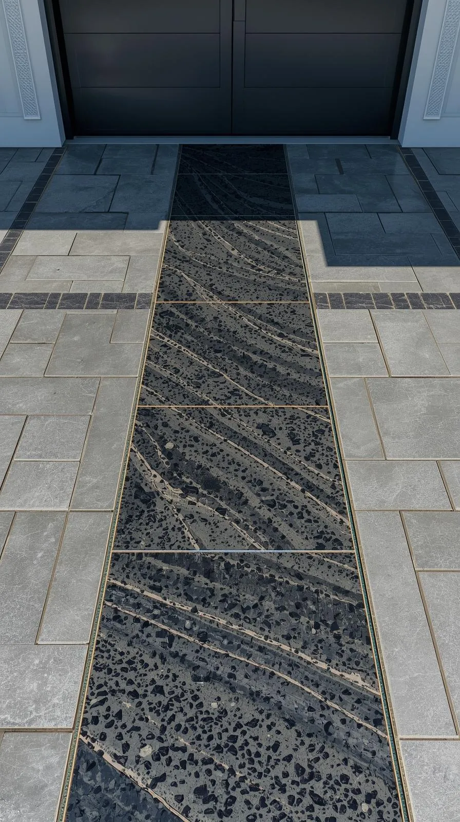  Un marquage au sol décoratif, fait d'une bande de carrelage ou de résine foncée à motifs, encastré dans un pavage plus clair menant à une porte.
