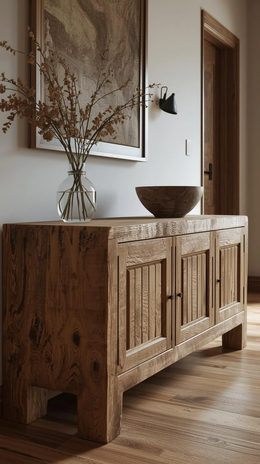 Un buffet d'entrée rustique en bois massif brut, montrant les nœuds et le grain naturel du bois, de style maison de campagne.