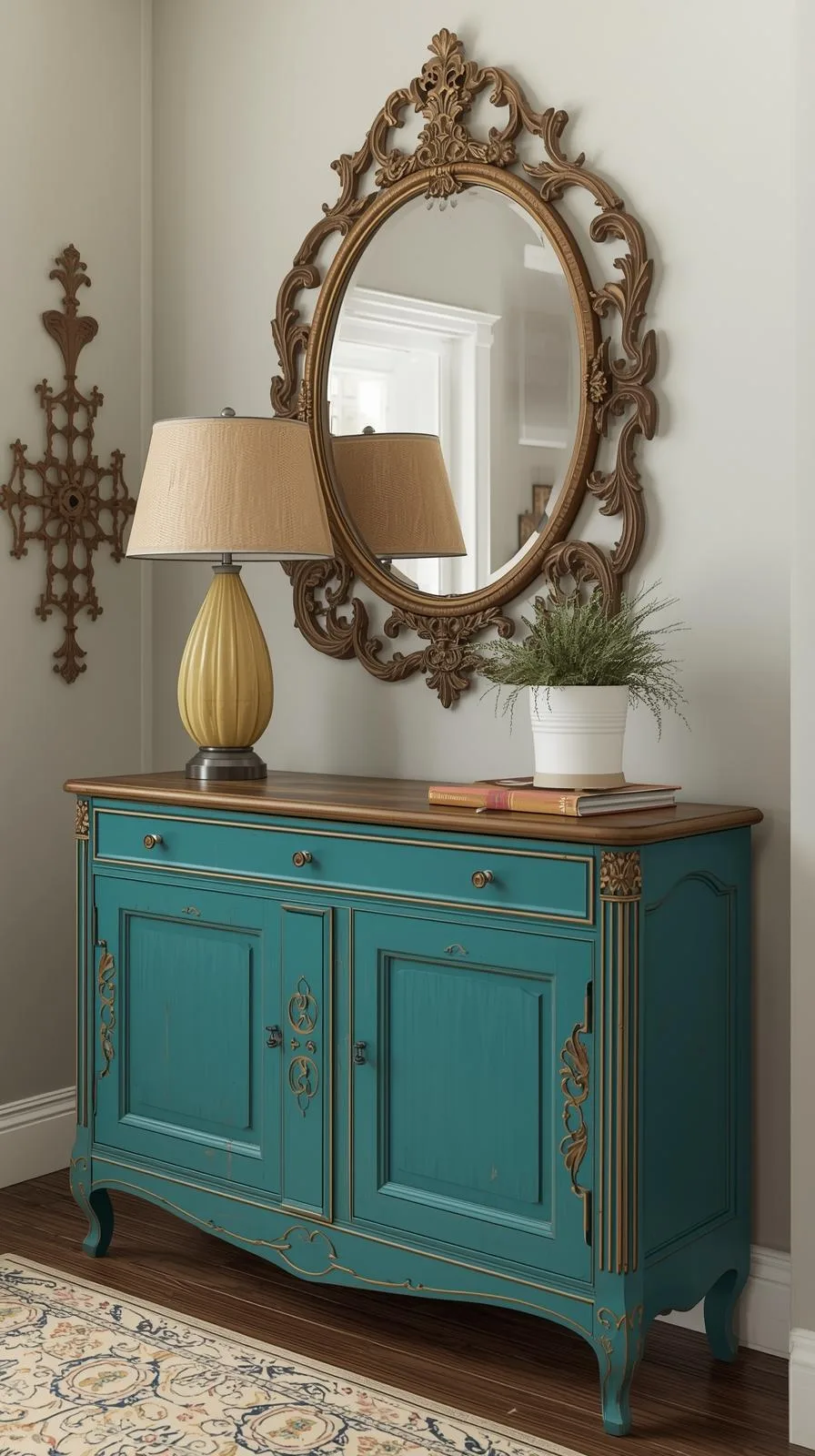 Un buffet d'entrée vintage de style classique, relooké dans une peinture bleu canard (turquoise) avec des détails dorés.