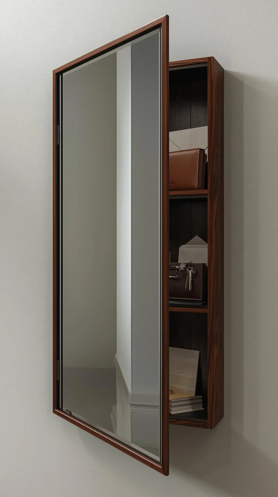 Une armoire-miroir murale avec un cadre en bois foncé, montrée entrouverte pour révéler des étagères intérieures cachées contenant du courrier et un portefeuille.