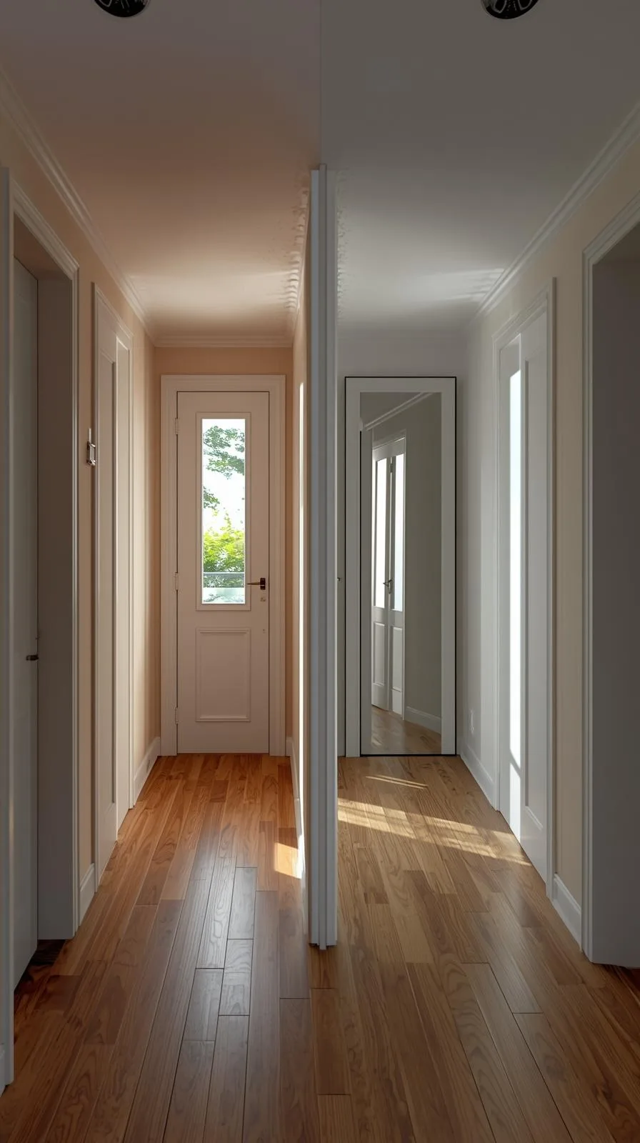 Comparaison avant/après d'un couloir d'entrée, montrant comment un grand miroir agrandit visuellement l'espace.