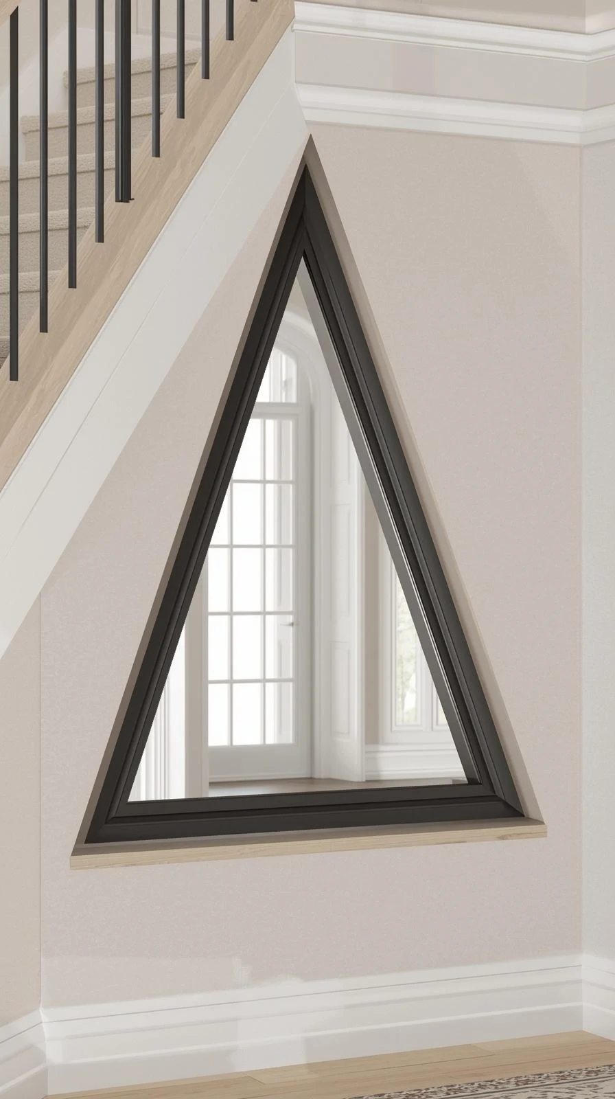 Un miroir de forme triangulaire avec un cadre noir, installé sur le mur sous la pente d'un escalier.