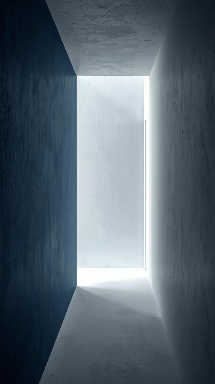 Un couloir étroit et minimaliste avec un mur latéral peint en bleu nuit texturé, contrastant avec un mur blanc et un sol en béton clair.