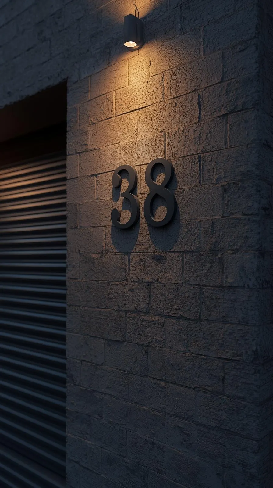 Le numéro de maison "38" en chiffres design et modernes, fixé sur un mur de briques sombres et éclairé par un spot.