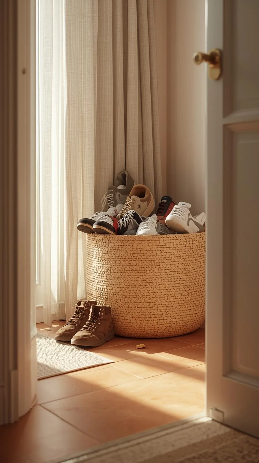Un grand panier rond en rotin tressé posé sur un sol carrelé, rempli de nombreuses paires de baskets.