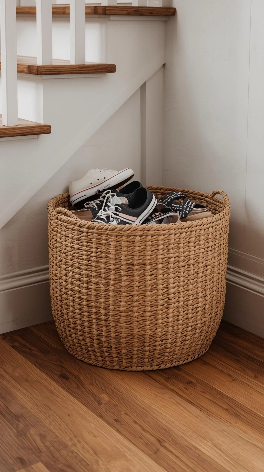 Un grand panier rond en rotin tressé, posé au sol près d'un escalier et rempli de chaussures du quotidien.