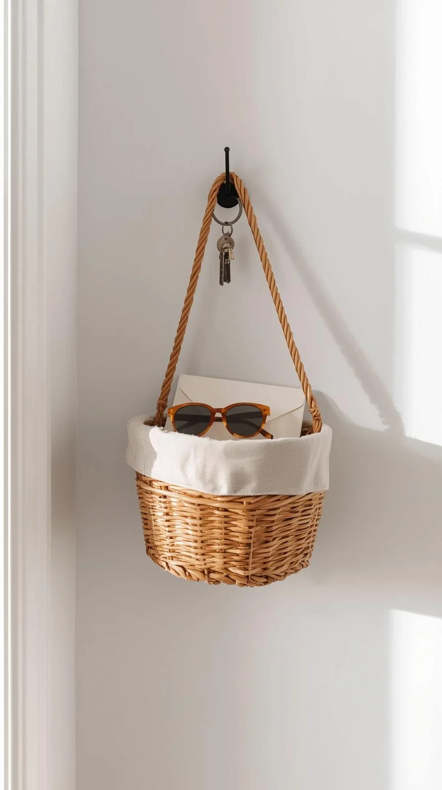 Un panier suspendu en rotin avec une doublure en tissu, accroché à un crochet mural noir, contenant des clés, des lunettes de soleil et du courrier.