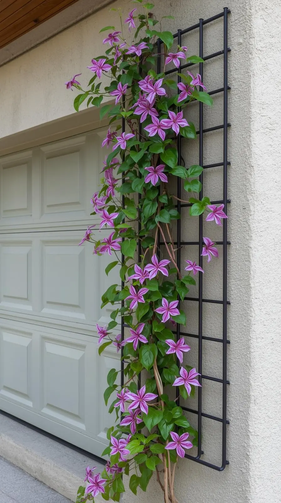 Un treillis métallique noir fixé à un mur blanc à côté d'une porte de garage, avec une plante grimpante (clématite) à fleurs violettes.