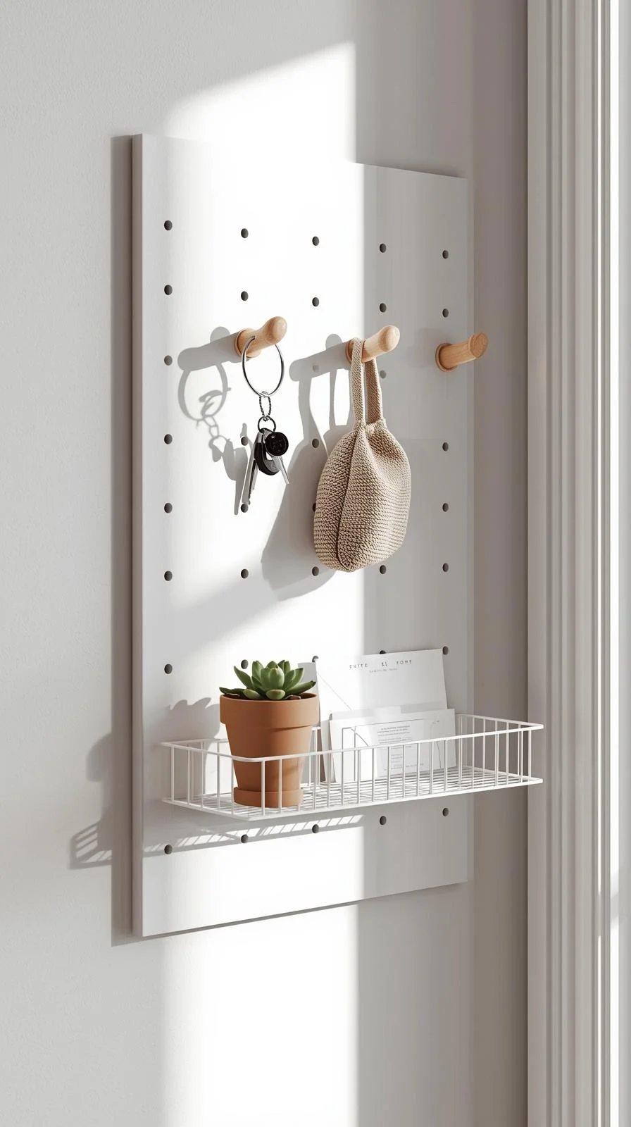 Un panneau perforé (pegboard) mural blanc avec des crochets en bois et une étagère en fil, organisant clés, sac et plante.