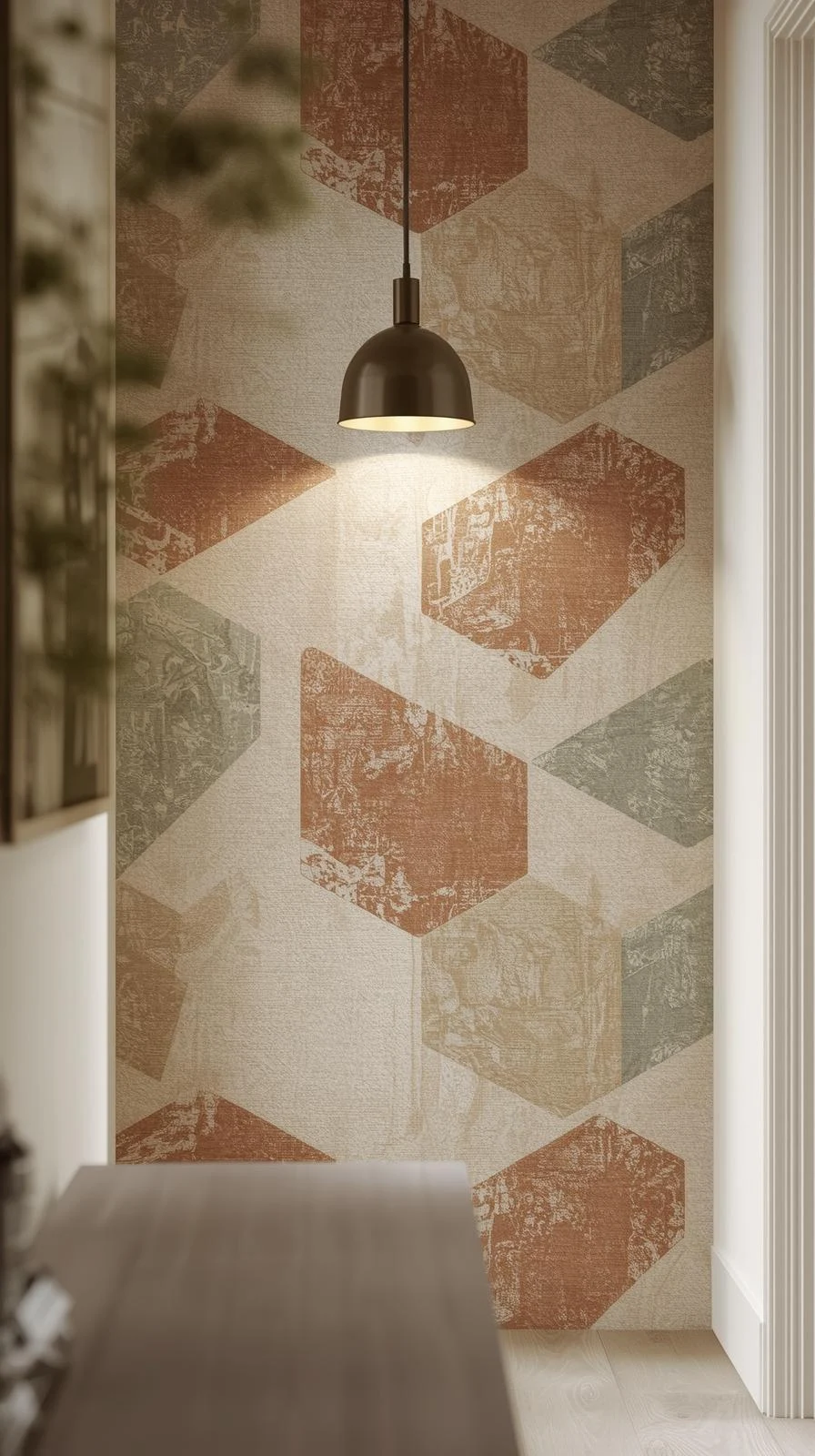 Un pan de mur couvert d'un papier peint à motifs géométriques texturés dans des tons terreux (orange, beige) pour un decor entree de maison.