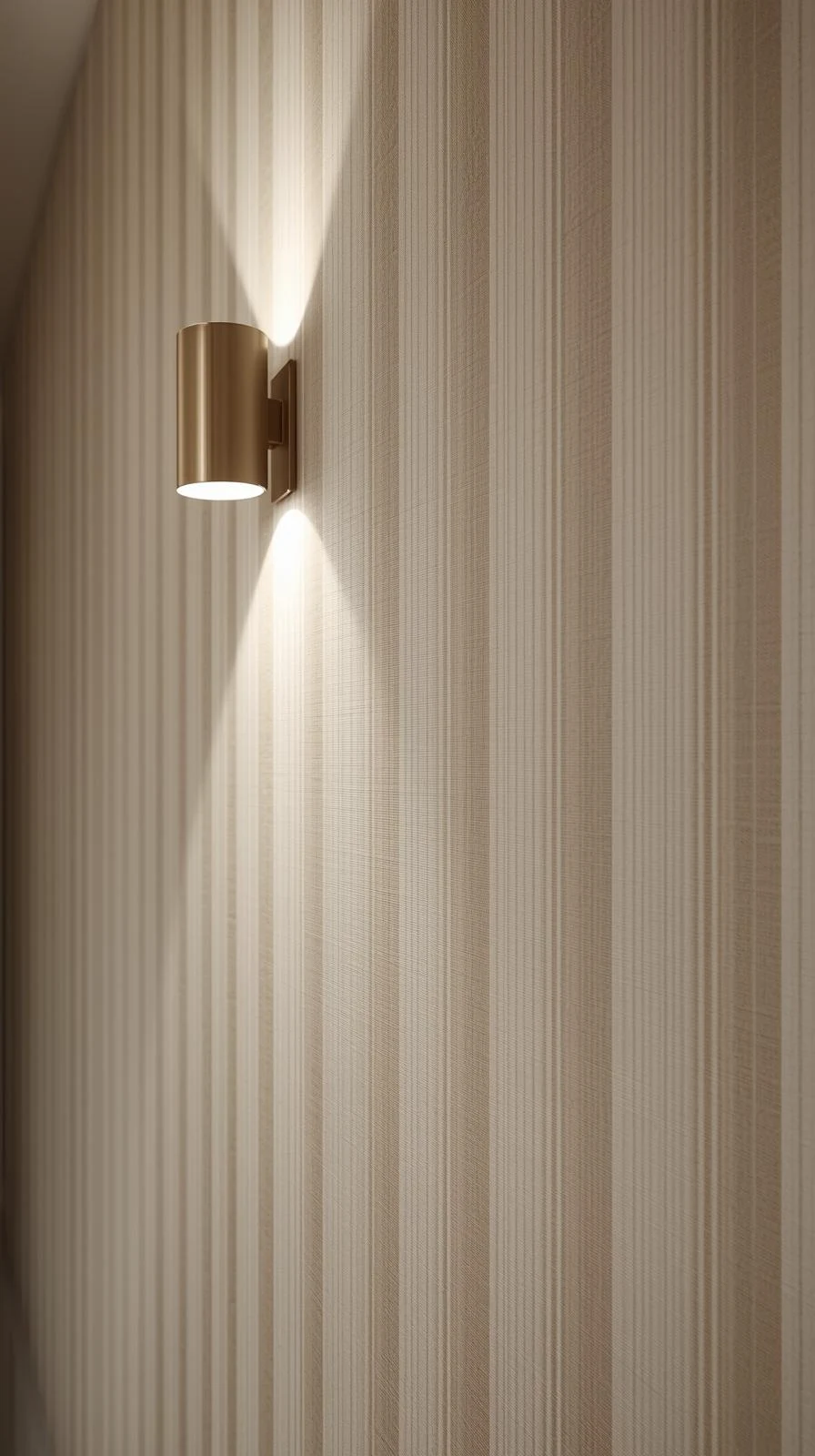 Gros plan d'une applique murale cylindrique en laiton sur un mur de couloir recouvert de papier peint à fines rayures verticales beiges et texturées.