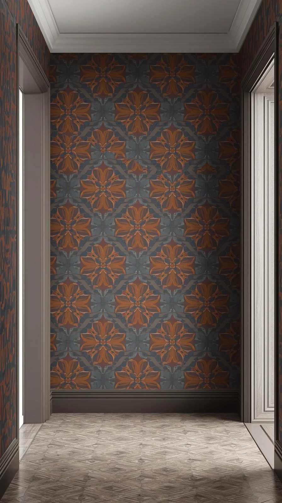 Un mur de couloir d'entrée couvert d'une tapisserie à motifs graphiques inspirés des carreaux de ciment, dans des tons terracotta et bleu-gris.