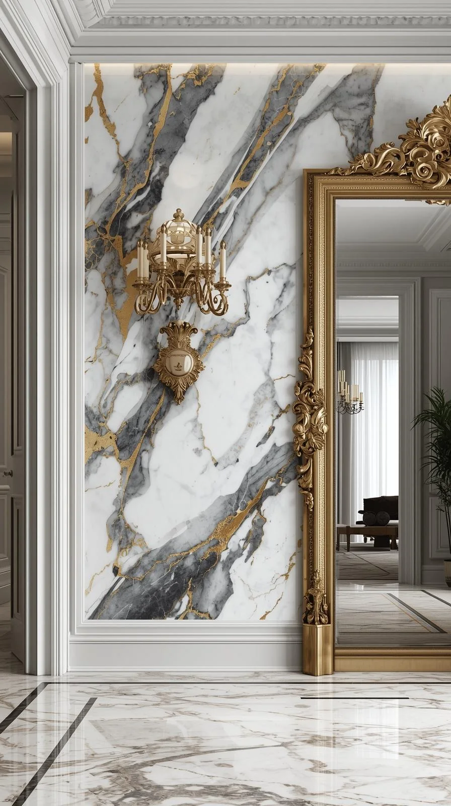 Un mur d'entrée en tapisserie trompe-l'œil imitant le marbre blanc avec des veines grises et dorées spectaculaires.