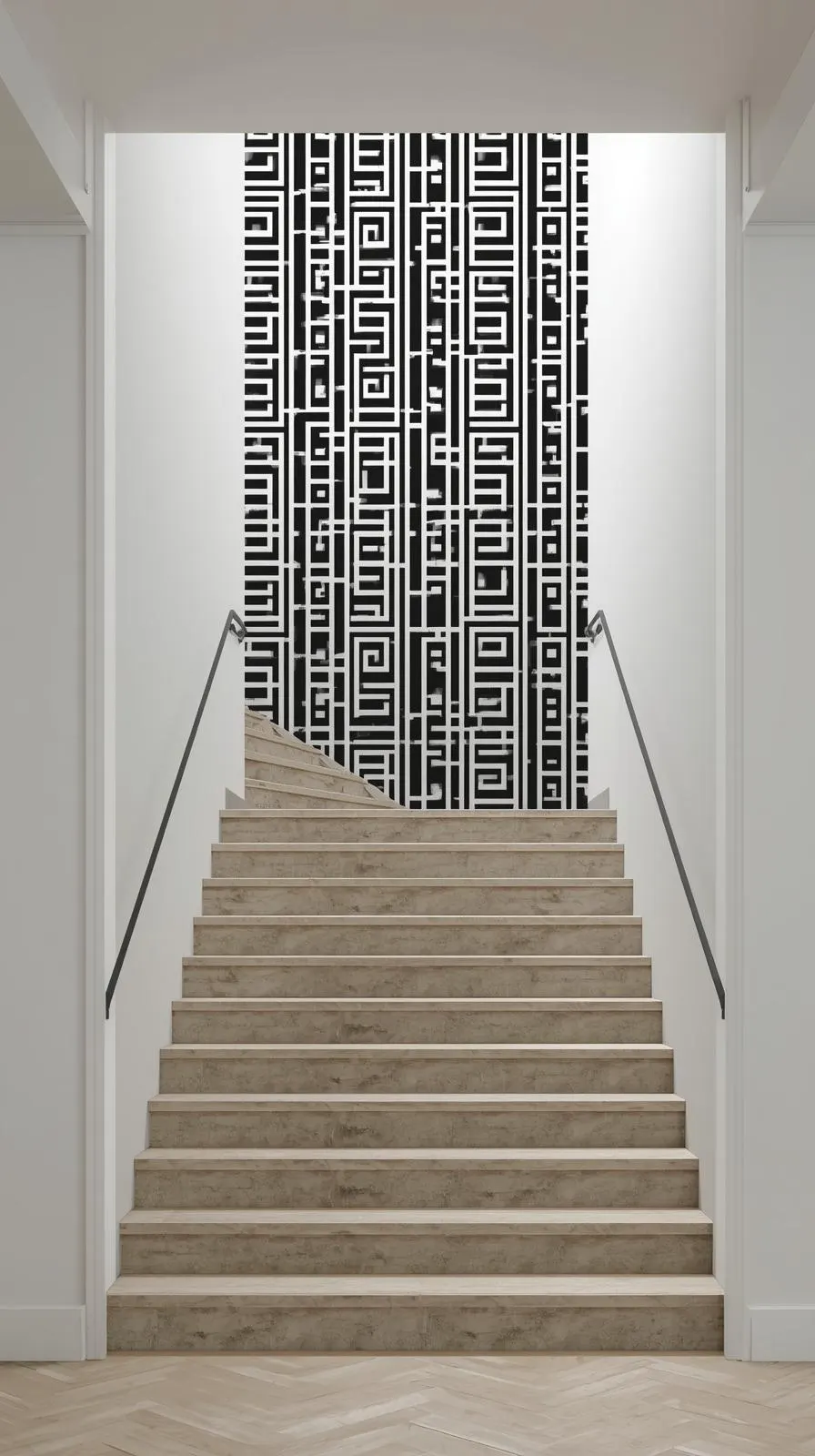 Un escalier droit avec un mur de fond couvert d'un papier peint graphique noir et blanc très contrasté.