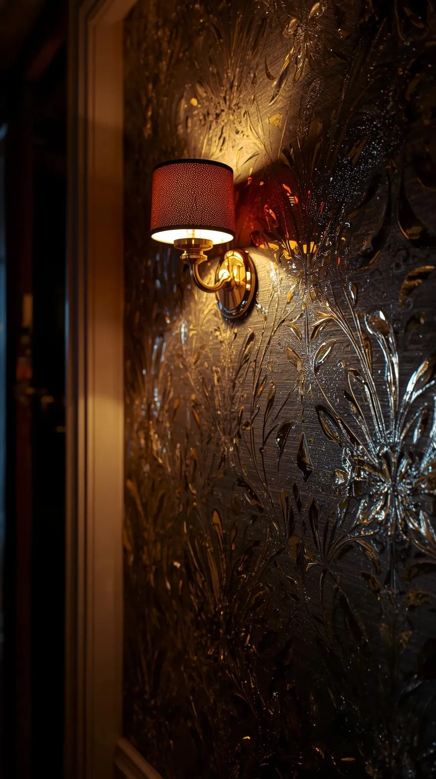 Une tapisserie d'entrée sombre avec un motif floral métallisé et brillant qui reflète la lumière d'une applique murale.