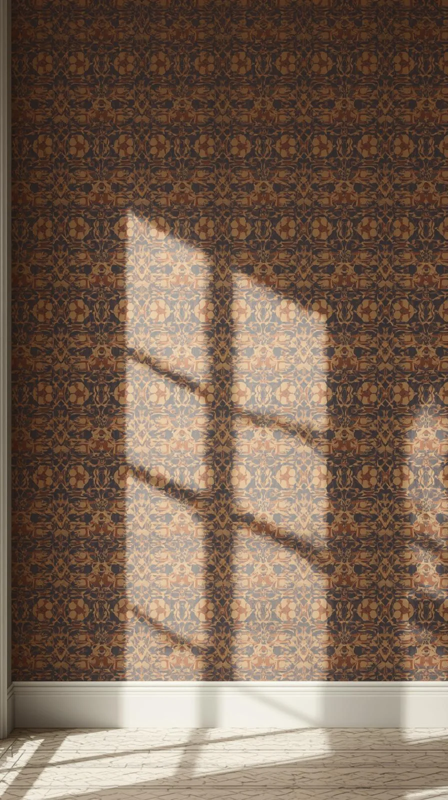 Tapisserie d'entrée avec un motif géométrique répétitif inspiré du zellige marocain, dans des tons chauds (terracotta et bleu).