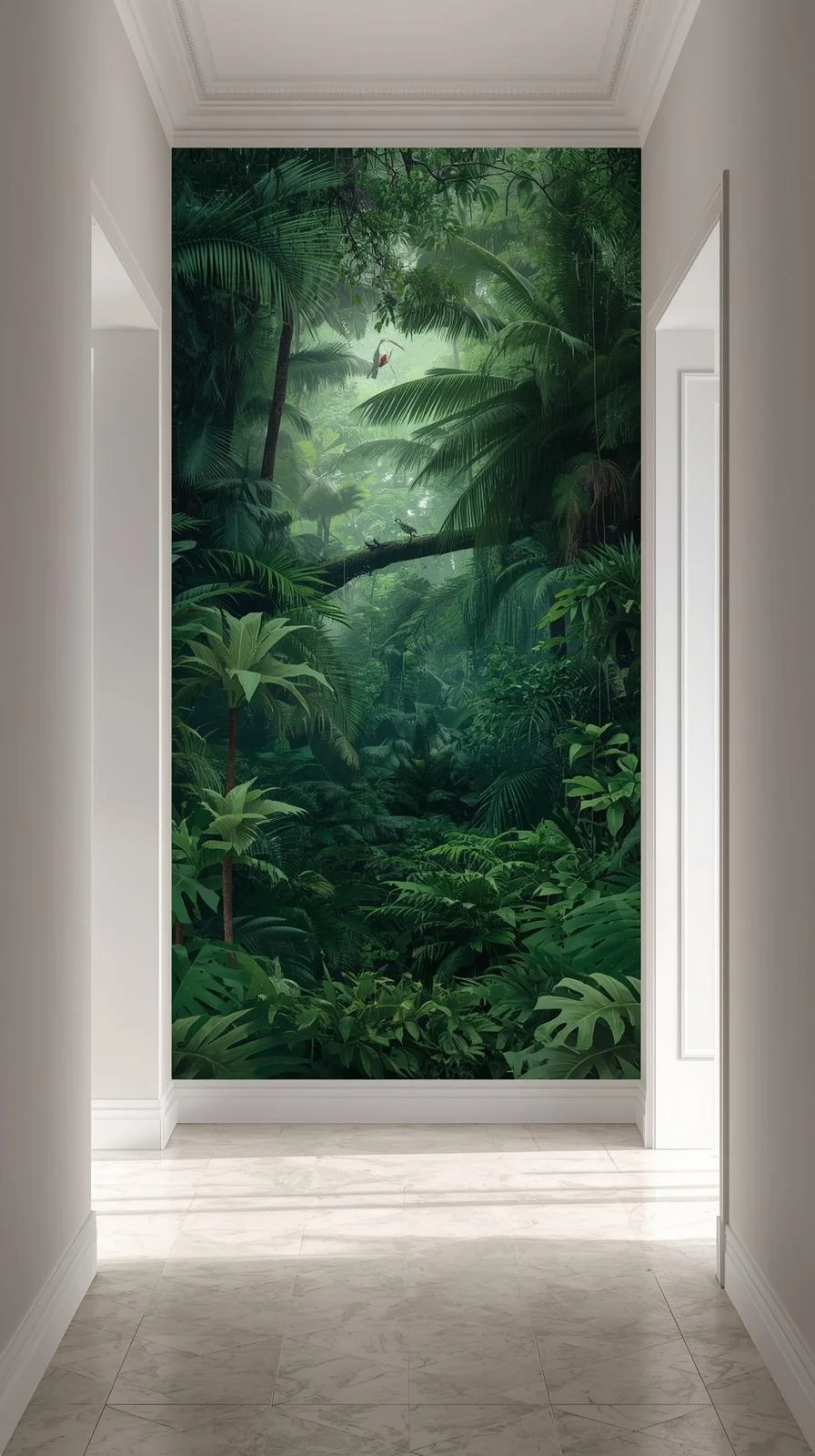 Un mur de fond d'entrée avec une tapisserie panoramique immersive représentant une forêt tropicale luxuriante et brumeuse.