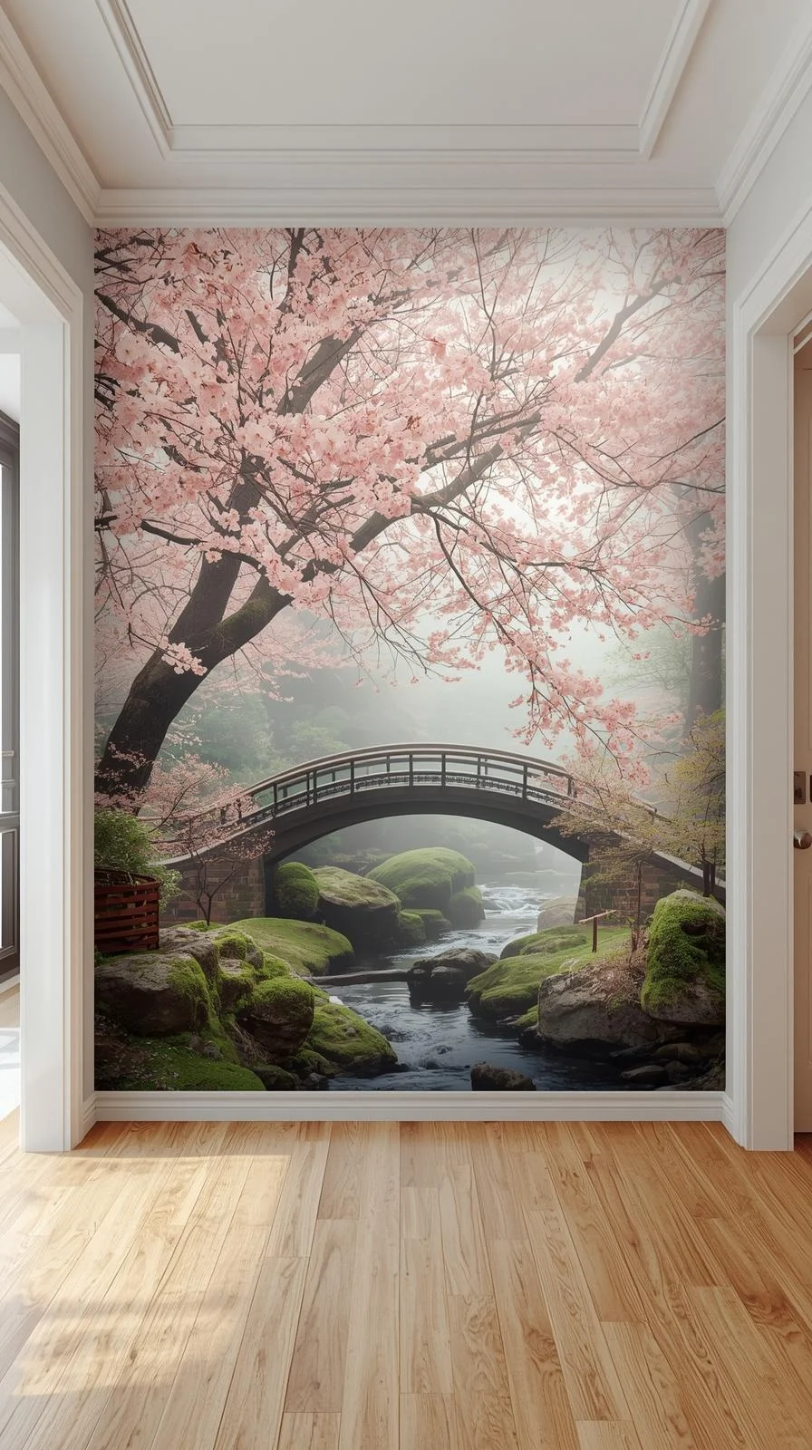 Une tapisserie panoramique spectaculaire dans une entrée, montrant un pont de jardin japonais sous des cerisiers en fleurs.