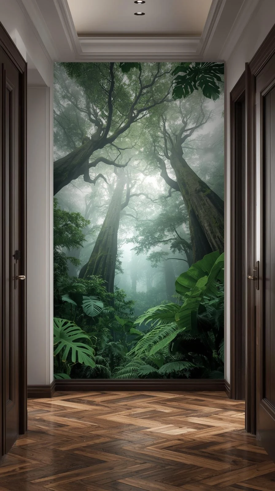 Un papier peint panoramique spectaculaire représentant une forêt brumeuse, créant de la profondeur dans le couloir d'un decor entree de maison.