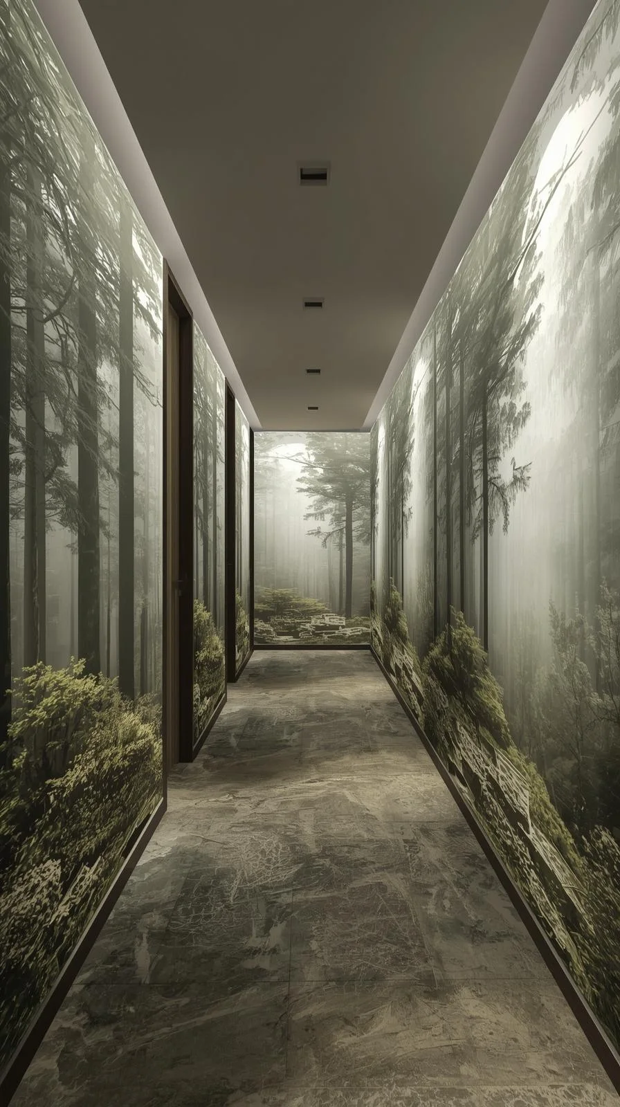 Un long couloir d'entrée dont les murs et le fond sont recouverts d'un papier peint panoramique immersif représentant une forêt brumeuse.