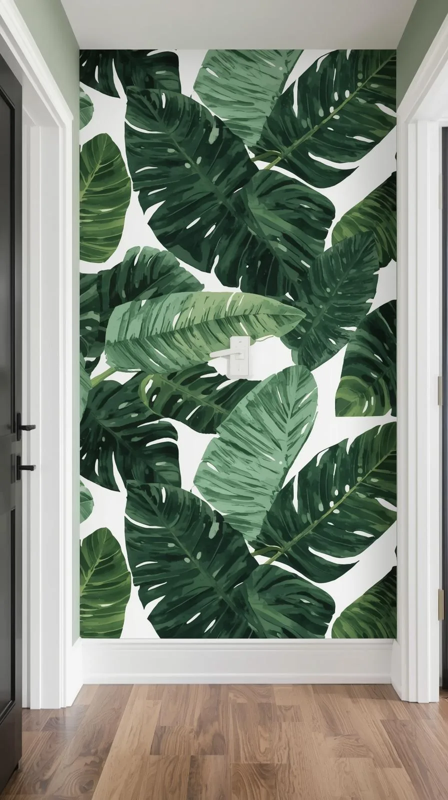 Une tapisserie d'entrée moderne avec des motifs de feuilles de monstera et de bananier en format XXL sur fond blanc.