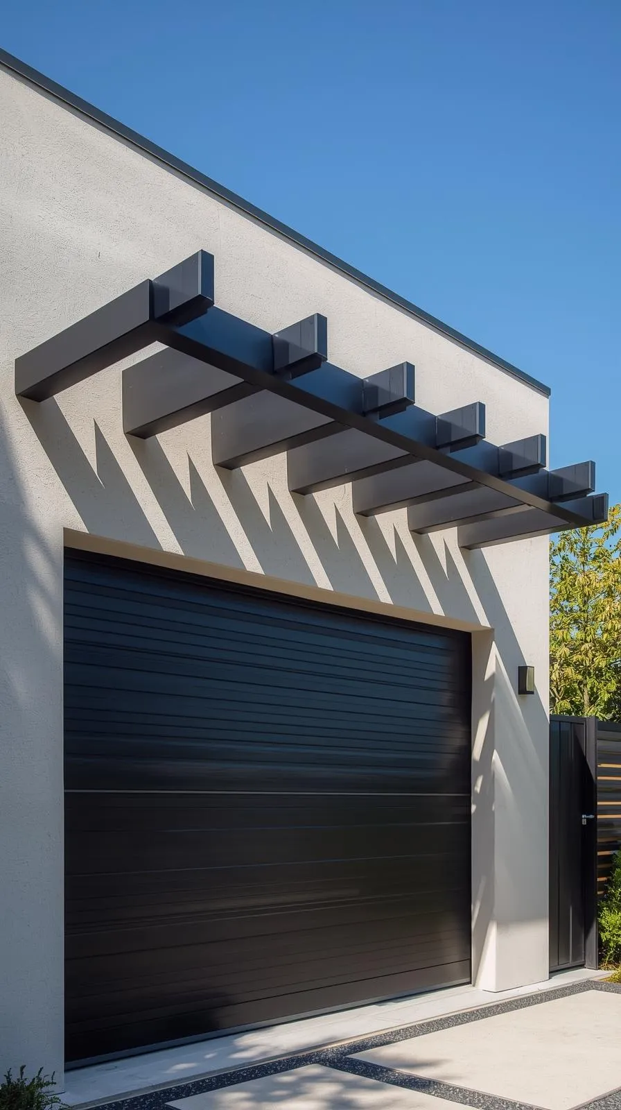  Une pergola ou un pare-soleil moderne en métal noir, fixé au-dessus d'une porte de garage noire sur une façade blanche.