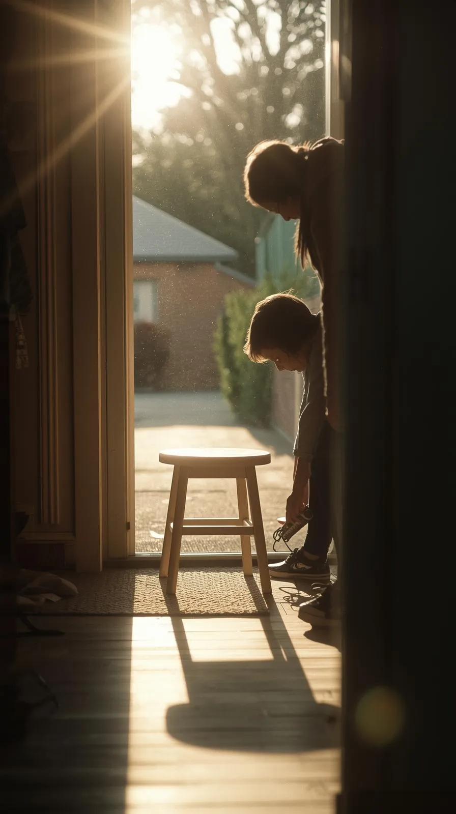 Enfant utilisant un petit tabouret en bois dans l'entrée pour enfiler ses chaussures, illustrant l'utilité d'un meuble d'assise.