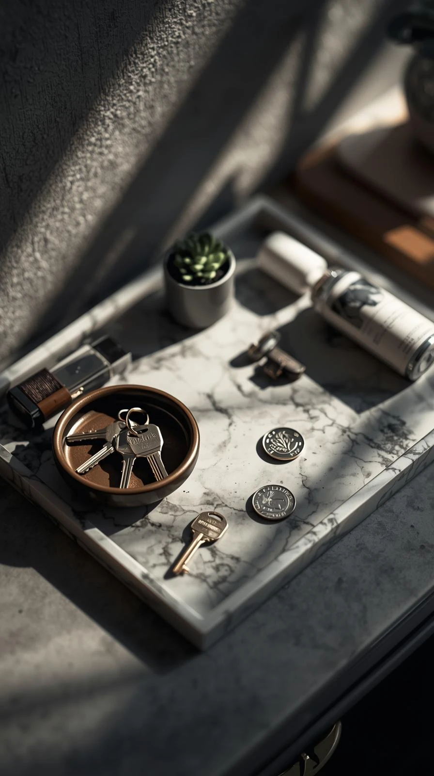 Plateau vide-poche en marbre sur une console d'entrée, organisant clés, monnaie et petits objets.
