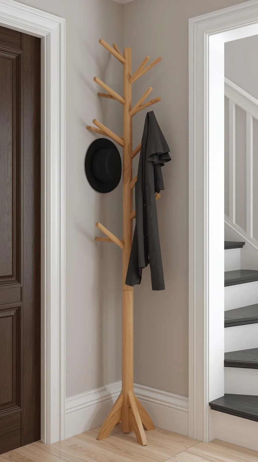 Un porte-manteau design en forme d'arbre, en bois clair, placé dans le coin d'une entrée entre une porte et un escalier.