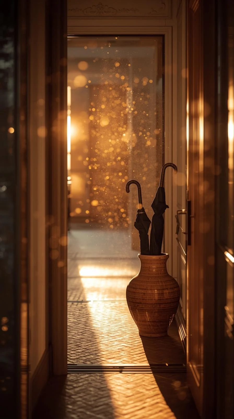 Vase en céramique servant de porte-parapluie élégant dans une entrée baignée de lumière chaude.