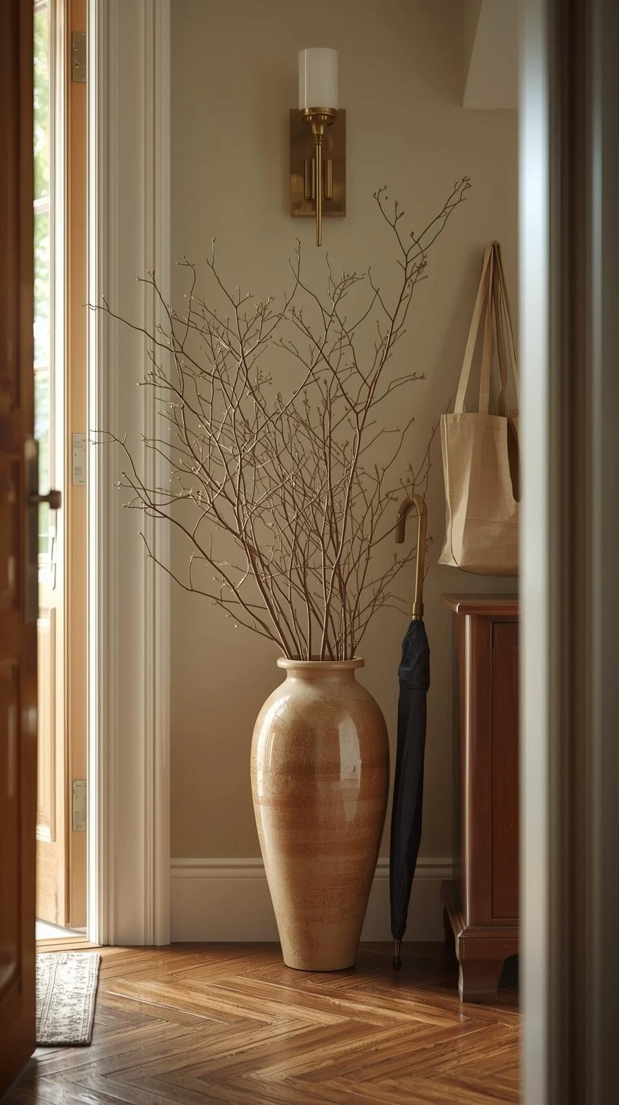 Coin d'entrée avec parquet, montrant un grand vase en céramique beige contenant des branches sèches, avec un parapluie noir à côté.