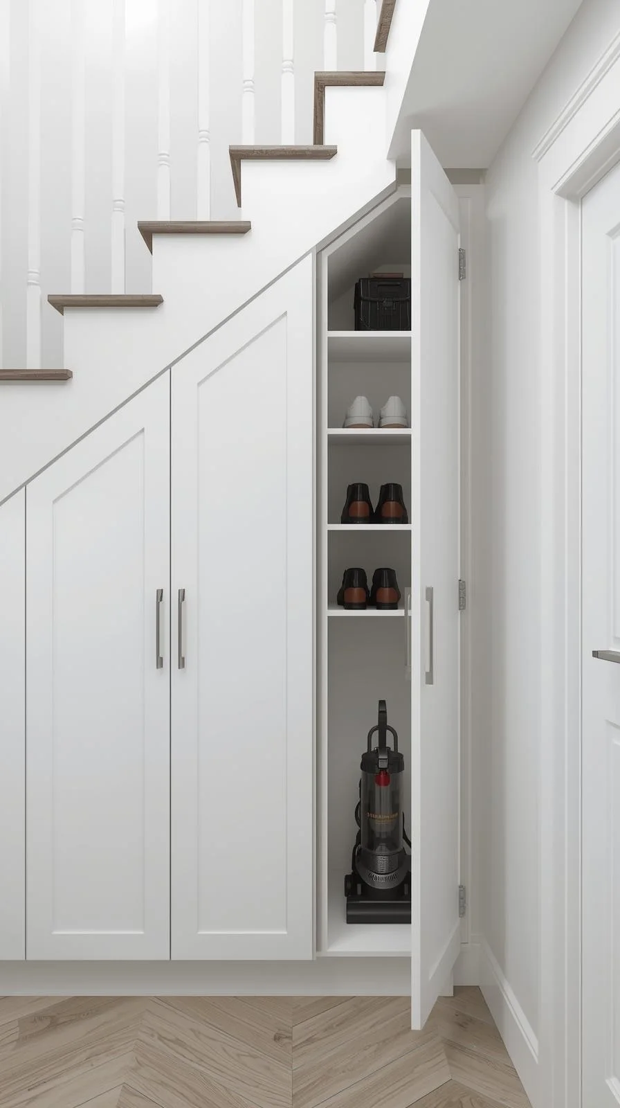 Des placards de rangement sur mesure blancs installés sous un escalier, avec une porte ouverte montrant des étagères à chaussures et un aspirateur.