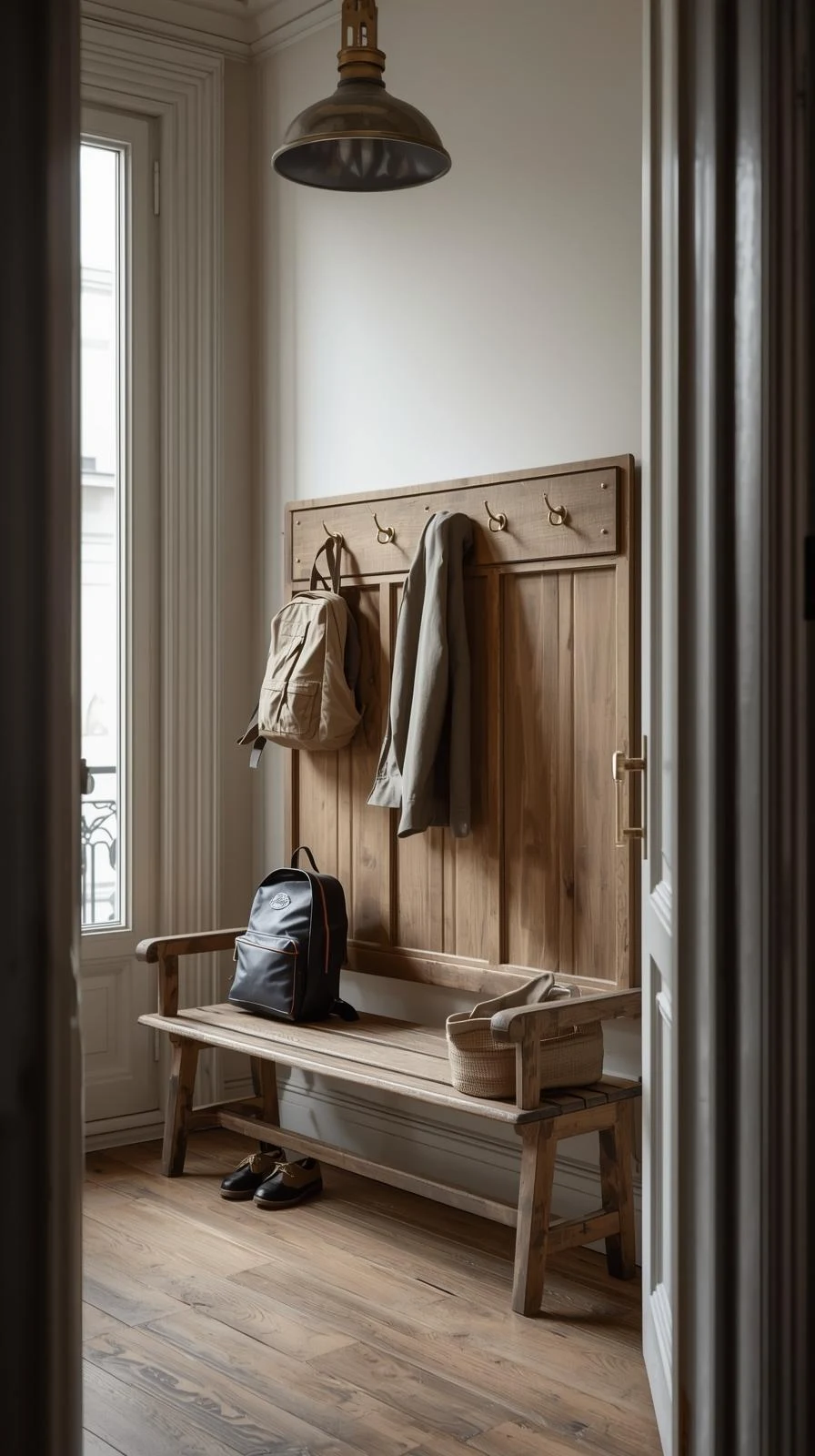 Banc d'écolier vintage en bois servant de meuble d'entrée avec patères et assise, idéal pour une entrée familiale.