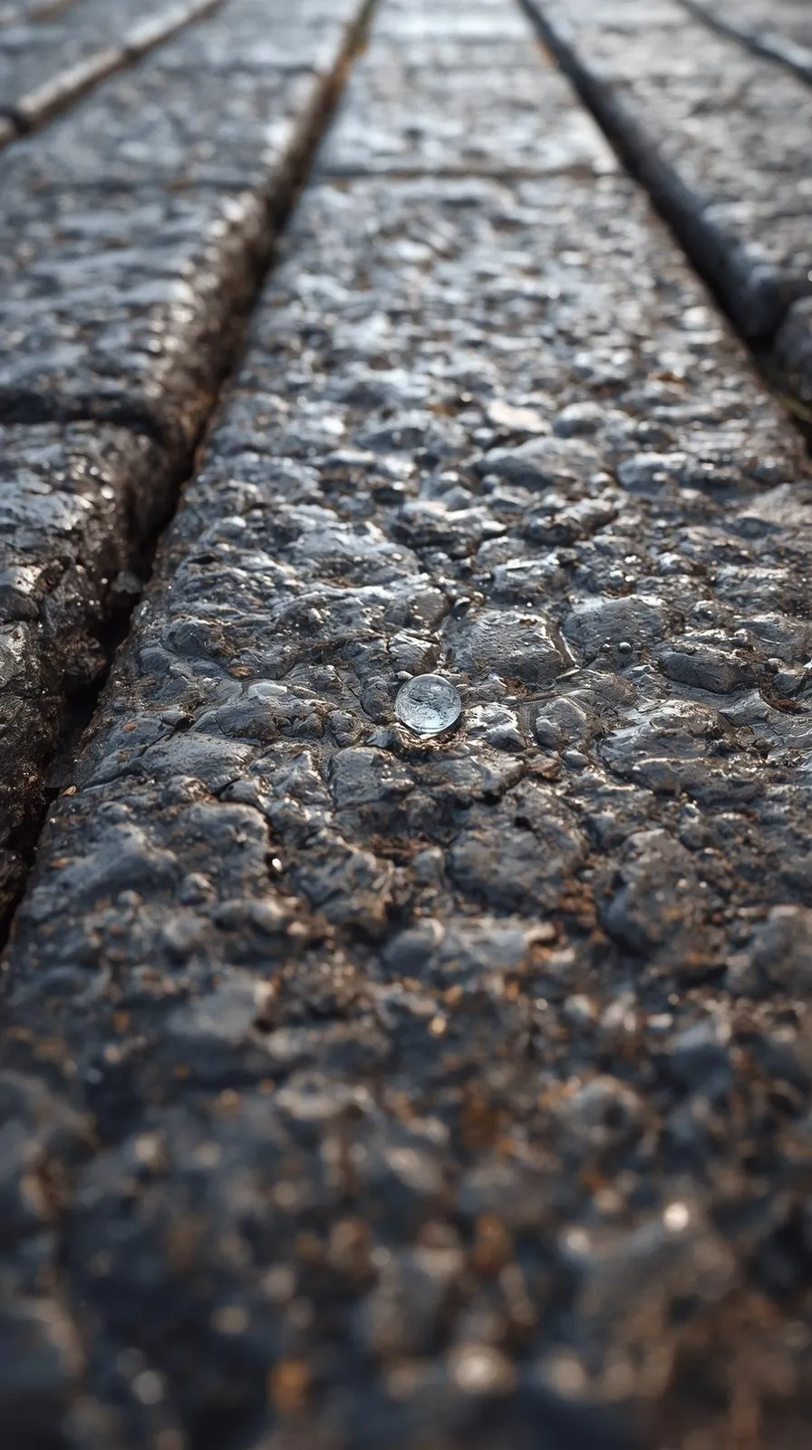 Gros plan sur un revêtement de sol extérieur texturé et antidérapant, humide après la pluie, avec une goutte d'eau visible au centre.