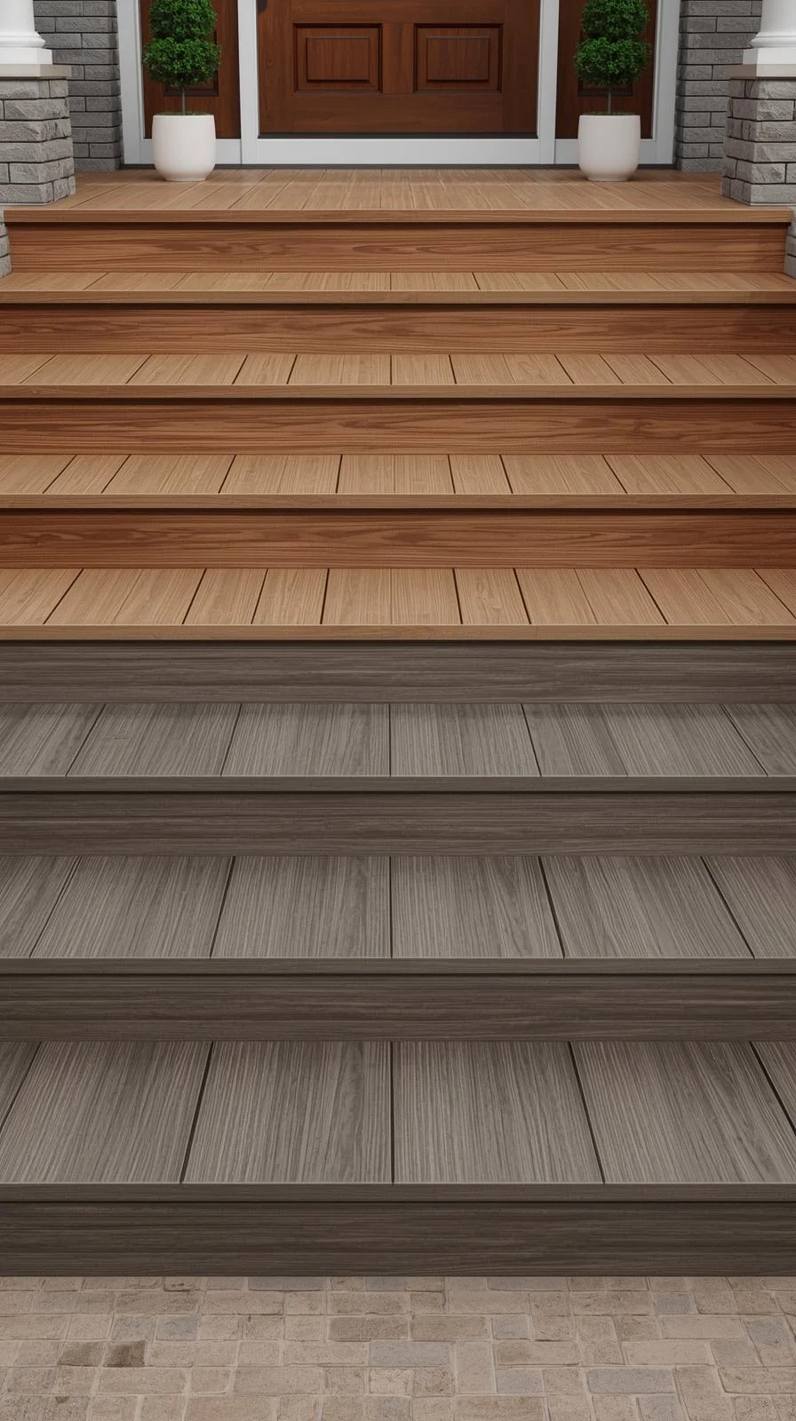 Escalier extérieur recouvert de lames de bois composite, montrant une transition entre une teinte grise foncée et une teinte bois naturel clair.