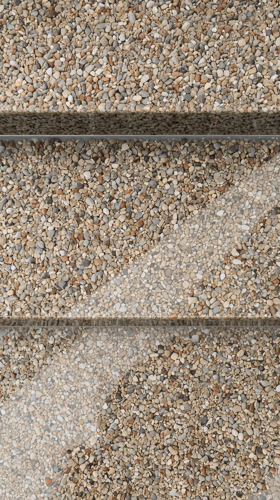 Gros plan sur la texture d'un escalier recouvert d'un revêtement en résine gravillonnée, montrant des milliers de petits graviers beiges et marron liés par une résine transparente.