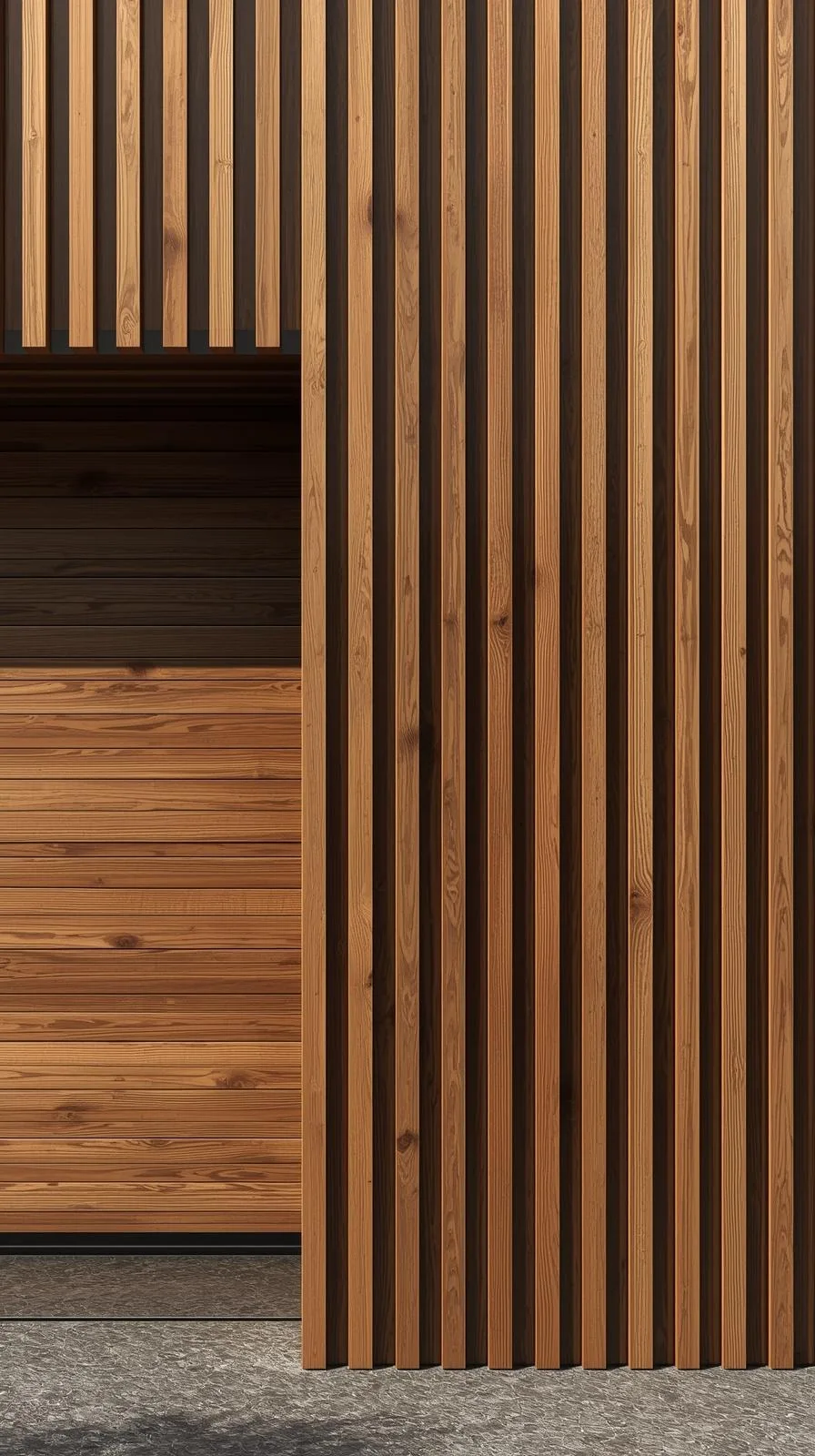 Gros plan sur un revêtement mural en tasseaux de bois verticaux, montrant la texture et la chaleur du matériau.