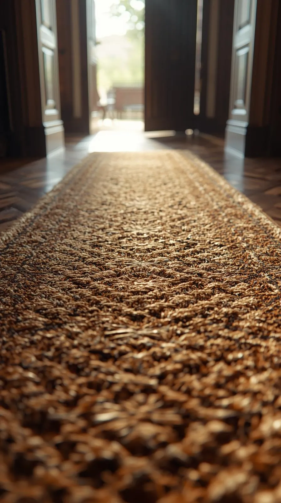 Vue au ras du sol d'un très long tapis runner en fibres naturelles (jute ou sisal) dans un couloir d'entrée, menant vers une porte ouverte lumineuse.