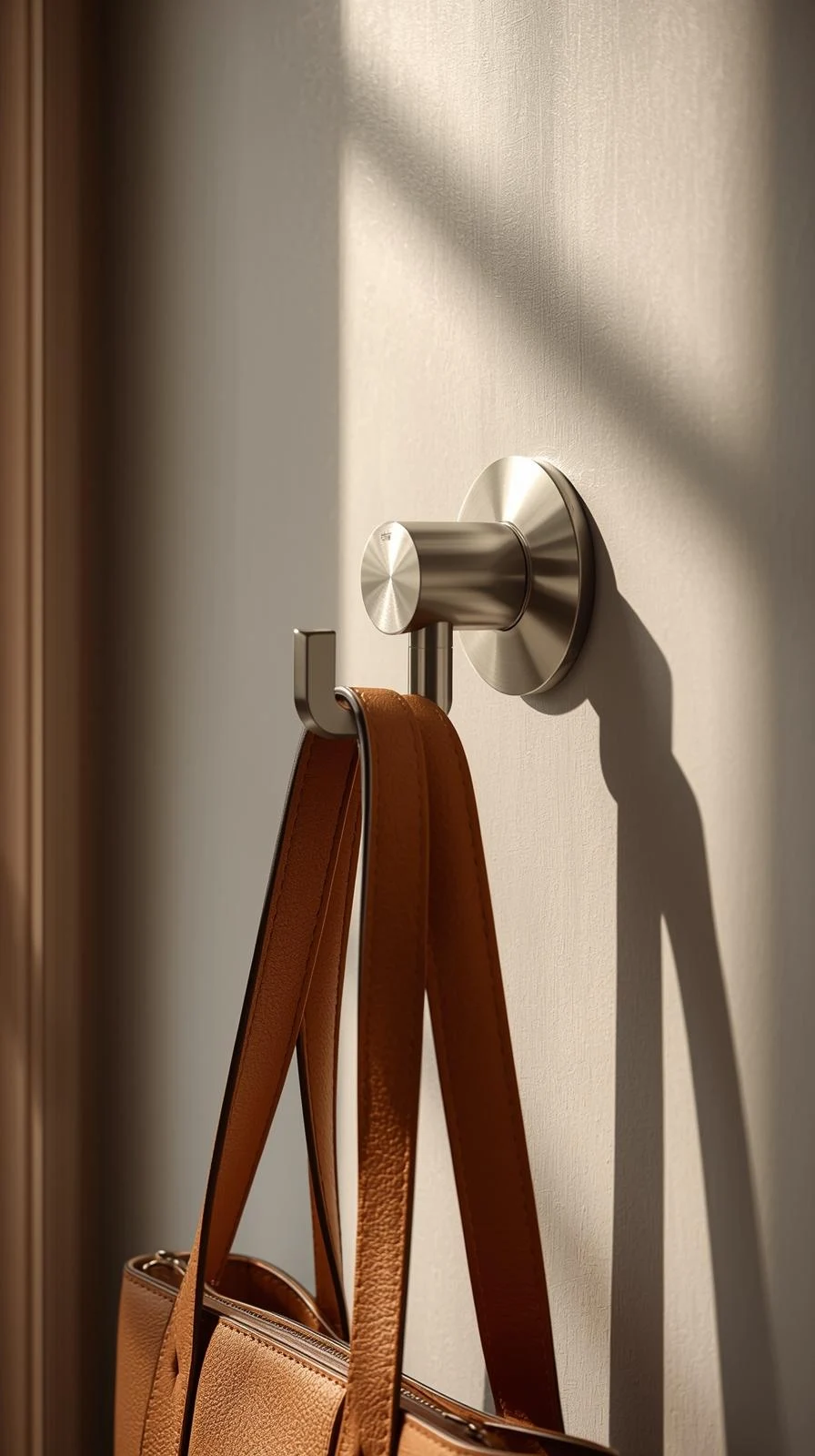 Gros plan sur un crochet mural moderne en métal brossé, auquel est suspendue l'anse d'un sac à main en cuir marron.