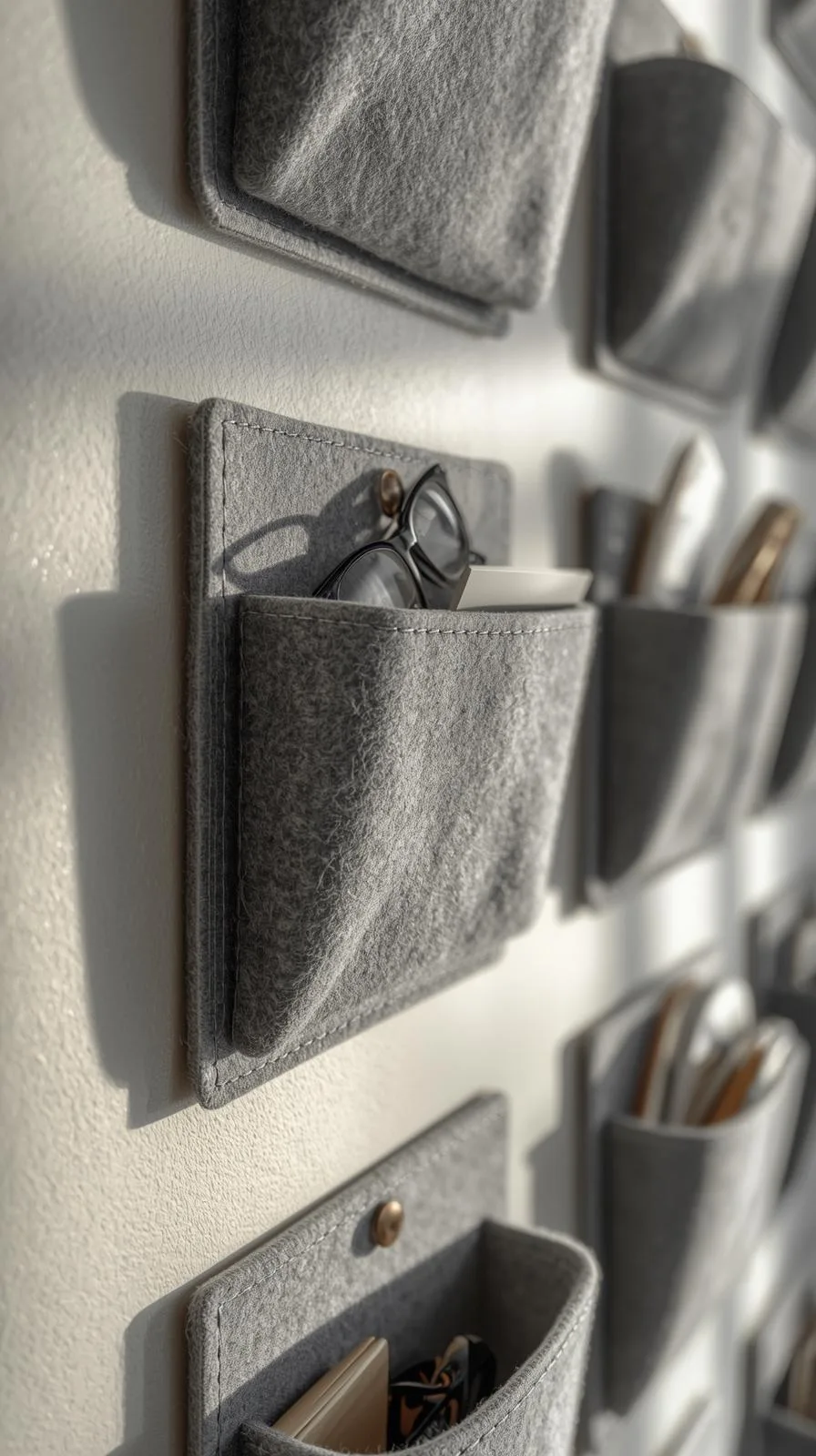 Gros plan sur un organisateur mural en feutre gris avec plusieurs pochettes, contenant des lunettes et des stylos.