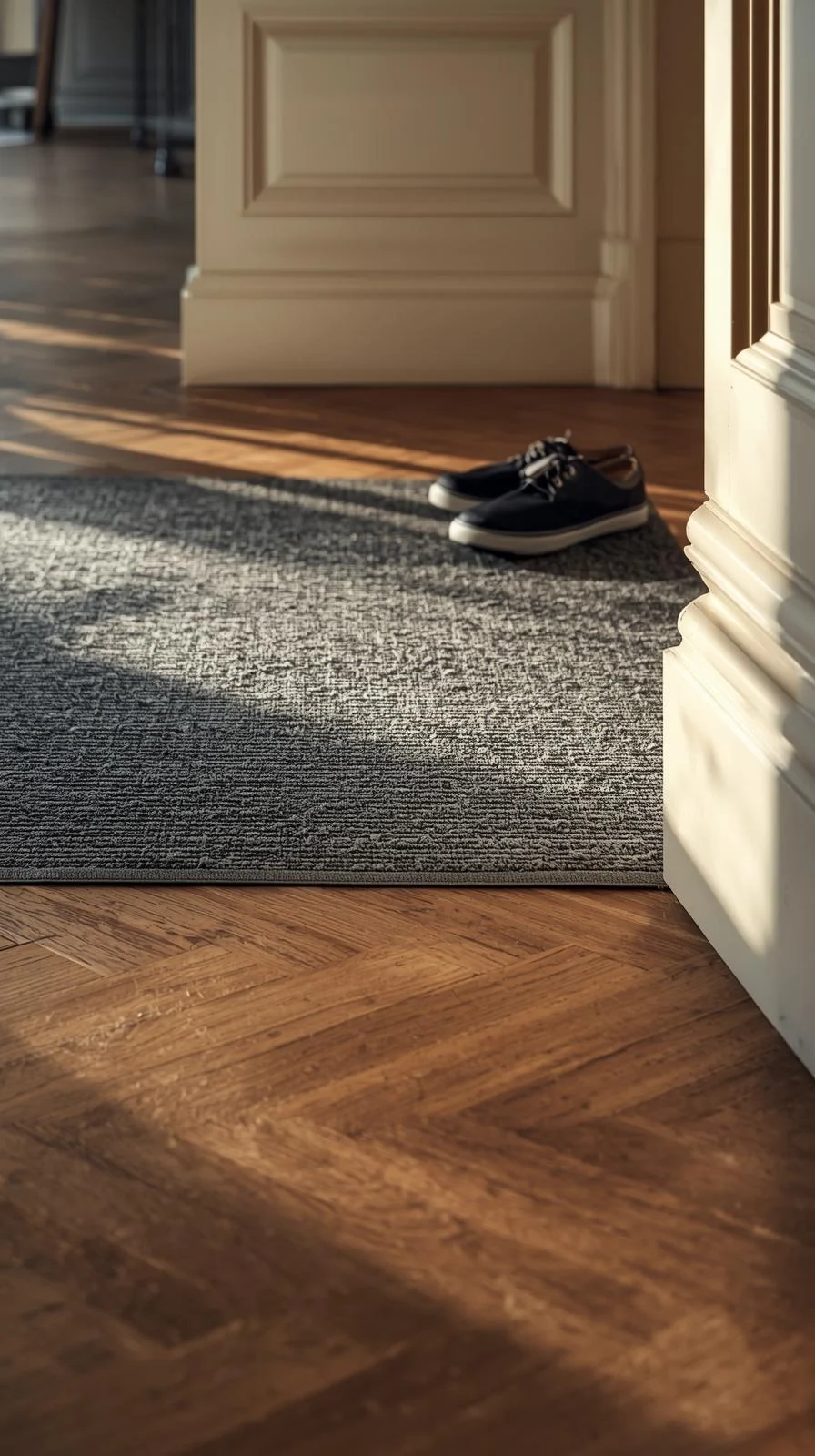 Paillasson d'entrée intérieur gris absorbant sur un parquet en bois, retenant la saleté des chaussures.