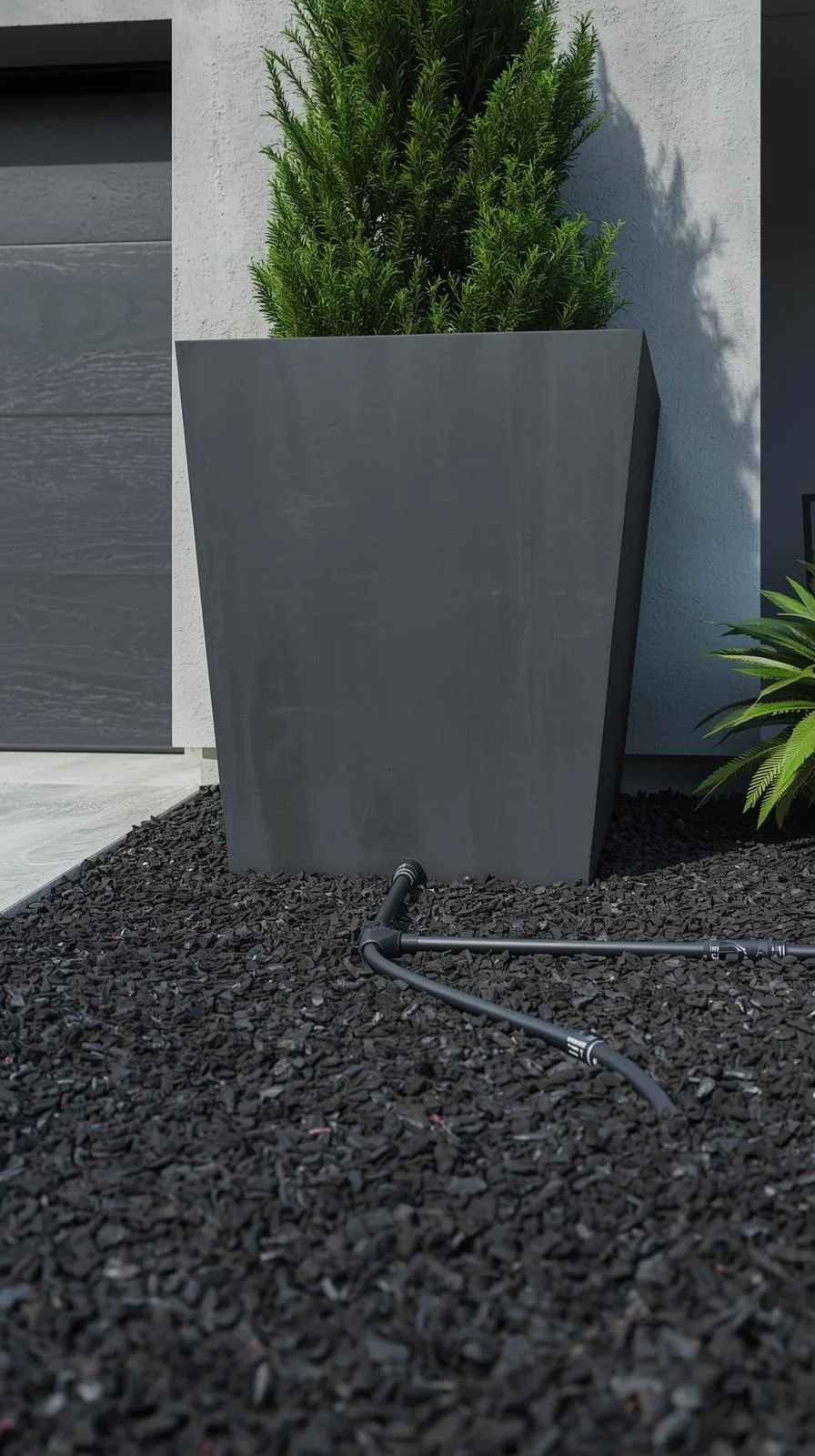 Un système d'arrosage automatique goutte-à-goutte avec un tuyau noir menant à un grand pot de fleurs gris foncé.