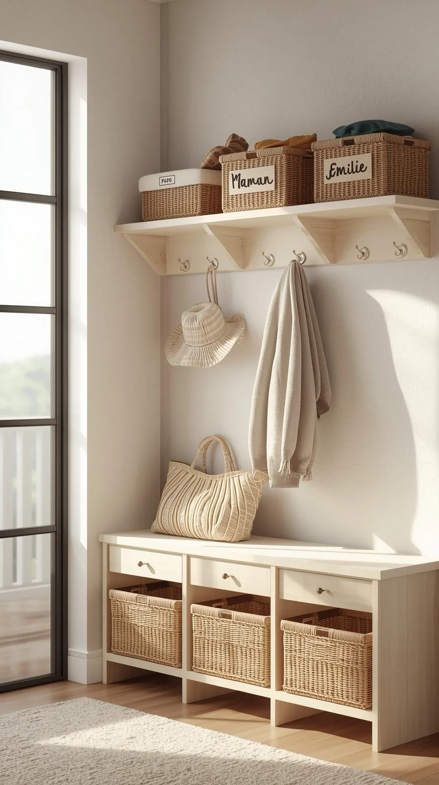 Meuble d'entrée blanc avec étagère, patères, et banc. Des paniers en osier étiquetés "Papa", "Maman", "Émilie" sont rangés dessus.