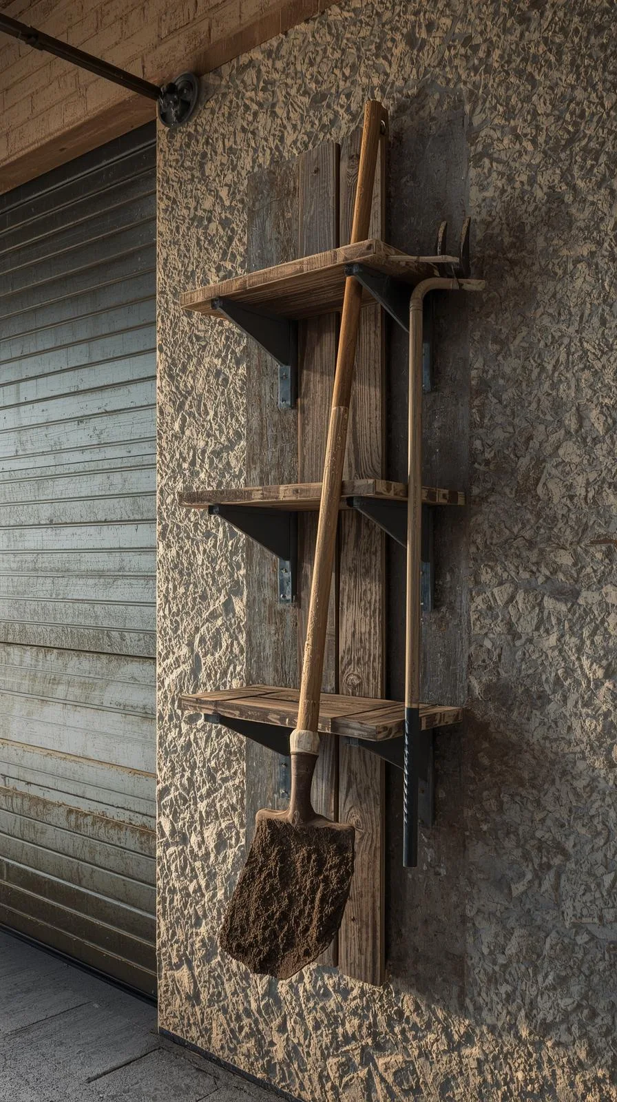 Un système de rangement mural extérieur en bois, de style rustique, accroché à un mur et tenant une pelle et une fourche de jardin.