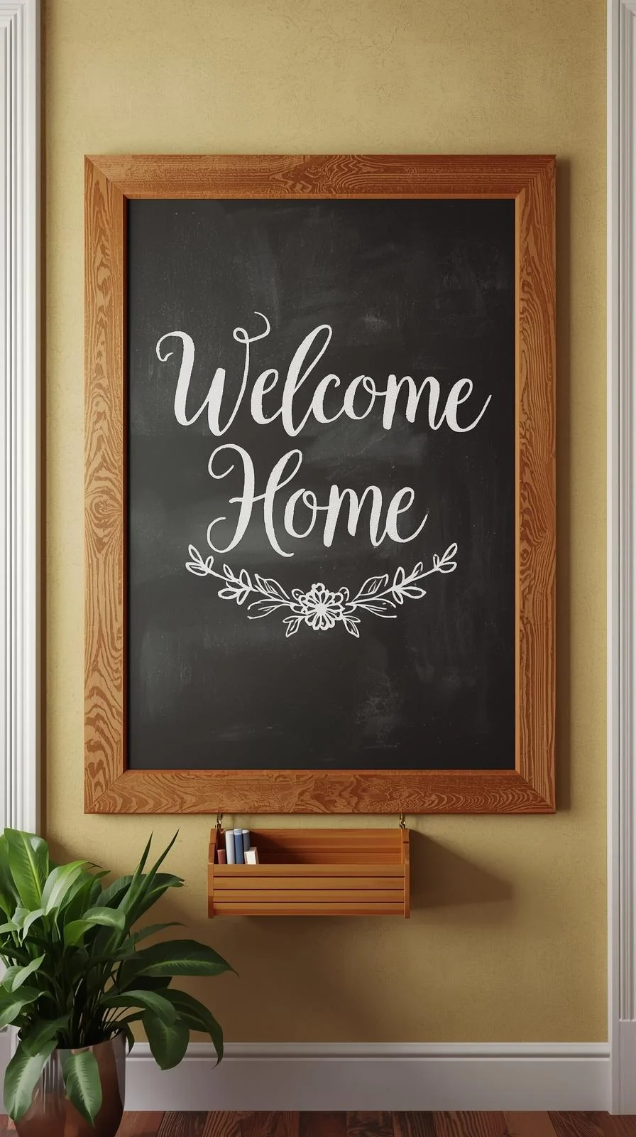 Un tableau ardoise encadré en bois, avec "Welcome Home" écrit à la craie, pour un decor entree de maison familial et pratique.