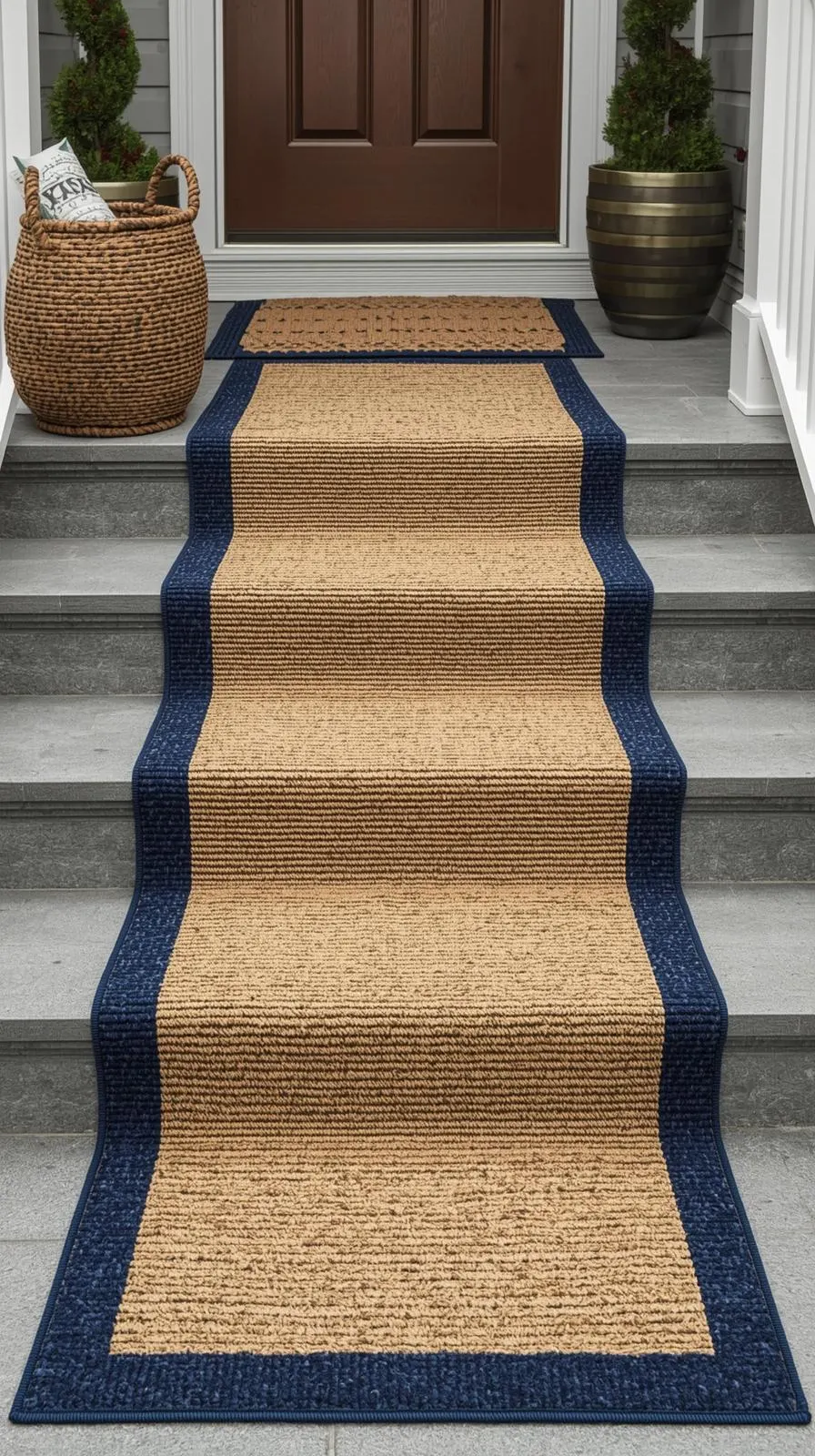 Un tapis d'escalier extérieur de style "runner" en fibre naturelle avec une bordure bleue, posé sur des marches grises.