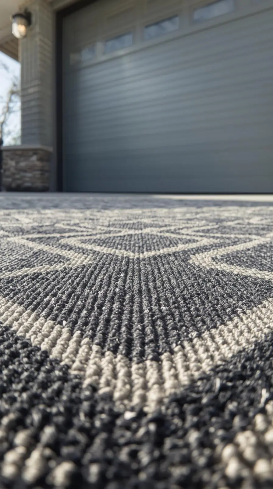 Gros plan en contre-plongée d'un tapis d'extérieur résistant avec un motif géométrique noir et blanc, placé sur le sol devant une porte de garage.