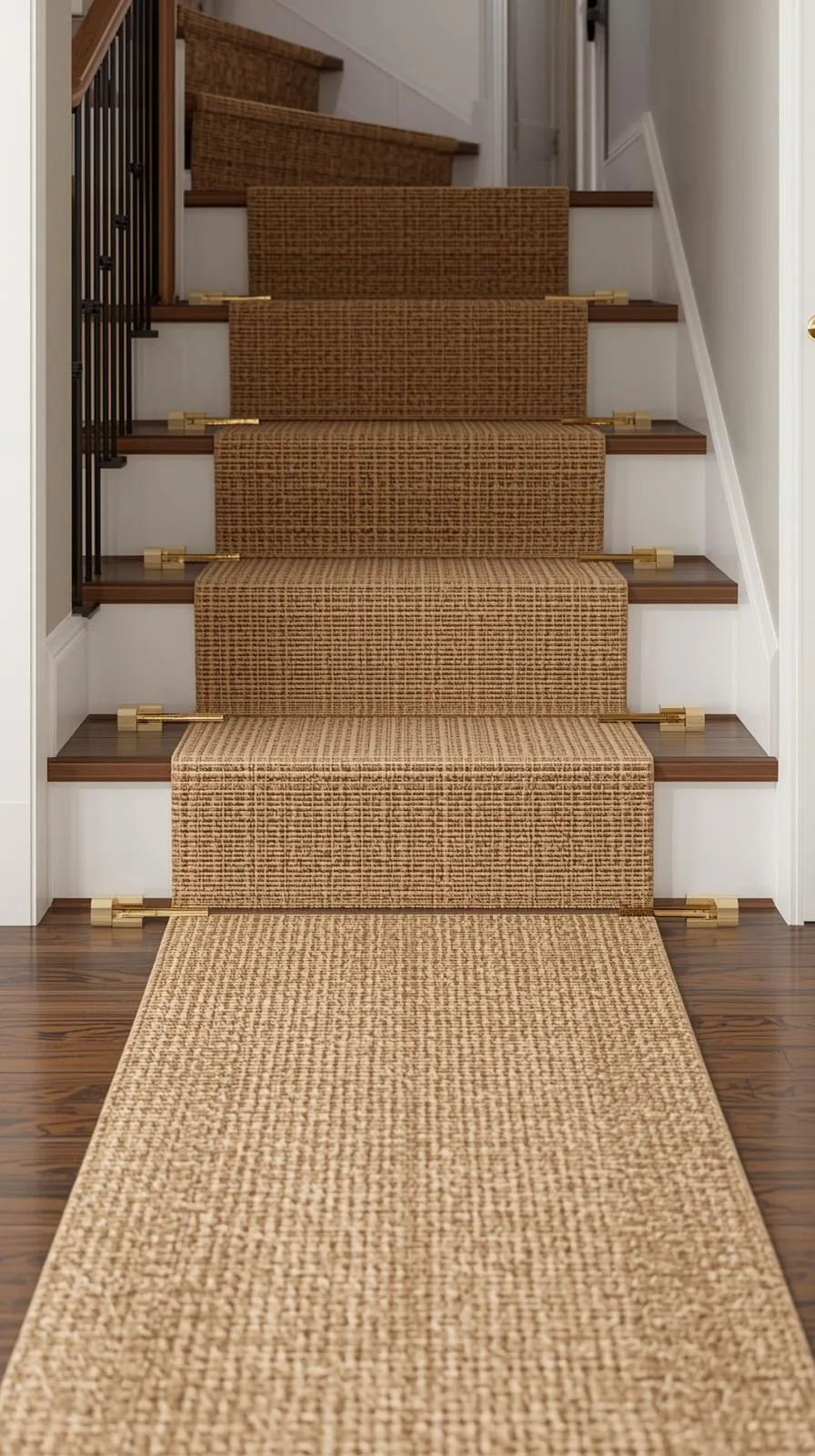 Un tapis de passage texturé en fibre naturelle (sisal) qui recouvre les marches d'un escalier en bois, fixé par des barres en laiton.